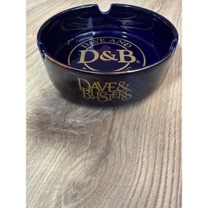 Dave And Busters Large Cigar Cigarette Ashtray Ceramic Cobalt Blue Gold Trim 6"